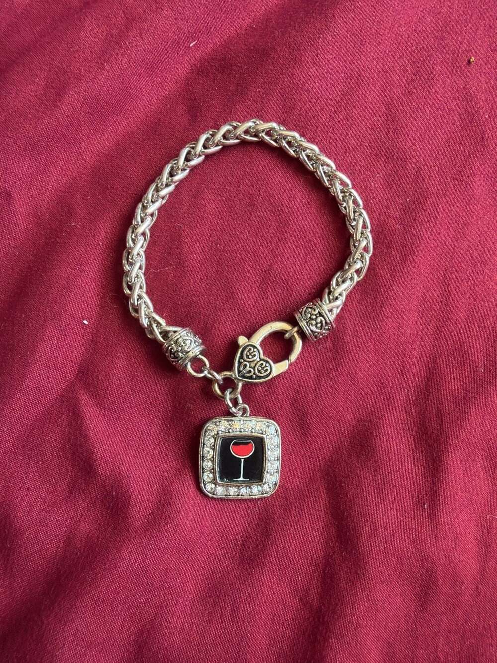 Vintage Red Wine Glass Crystal Silver-Tone Braided Charm Bracelet